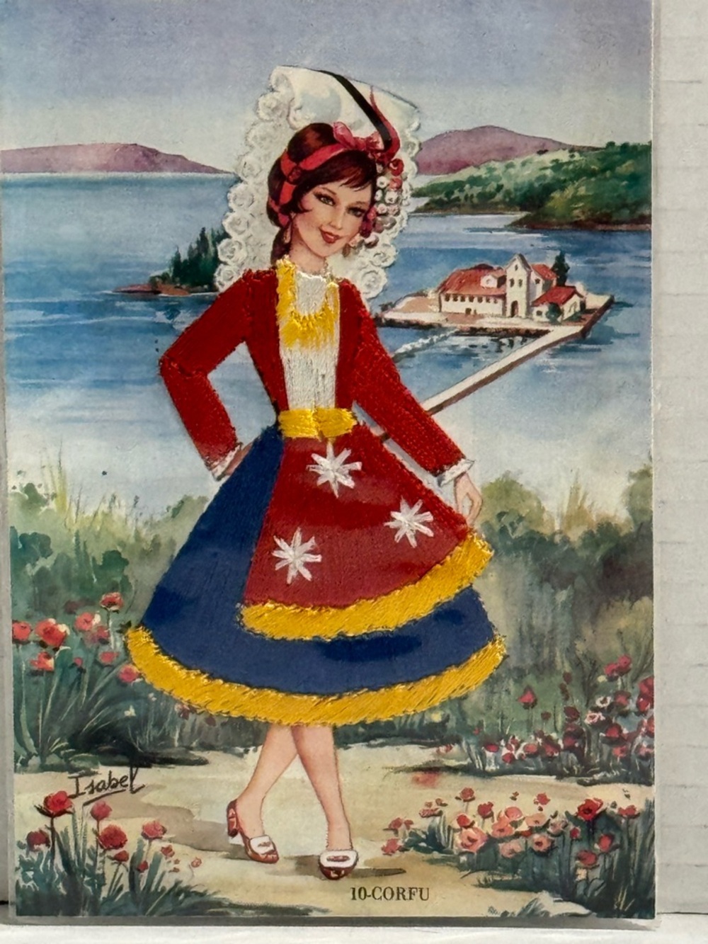 Vintage 1960s Greek Embroidered Postcard